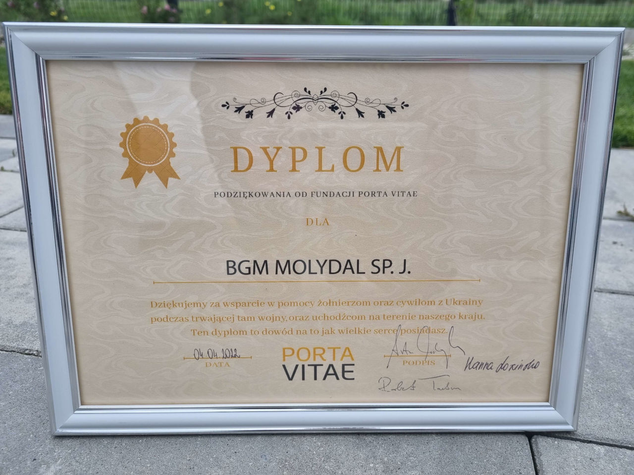 Dyplom Fundacja Porta Vitae dla BGM MOLYDAL SP.J